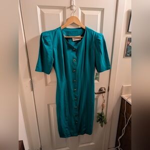 80s Young Edwardian Teal Button-Down Dress